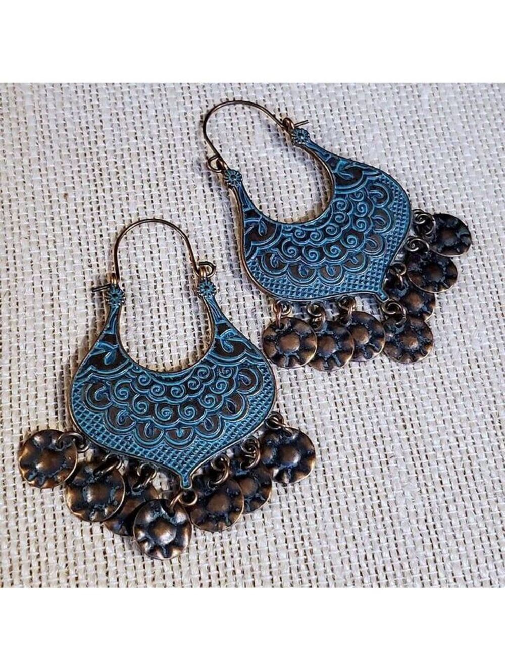Antique Copper Verdigris Blue Green Patina Moroccan Hammered Rounds Earrings - Picture 4 of 6